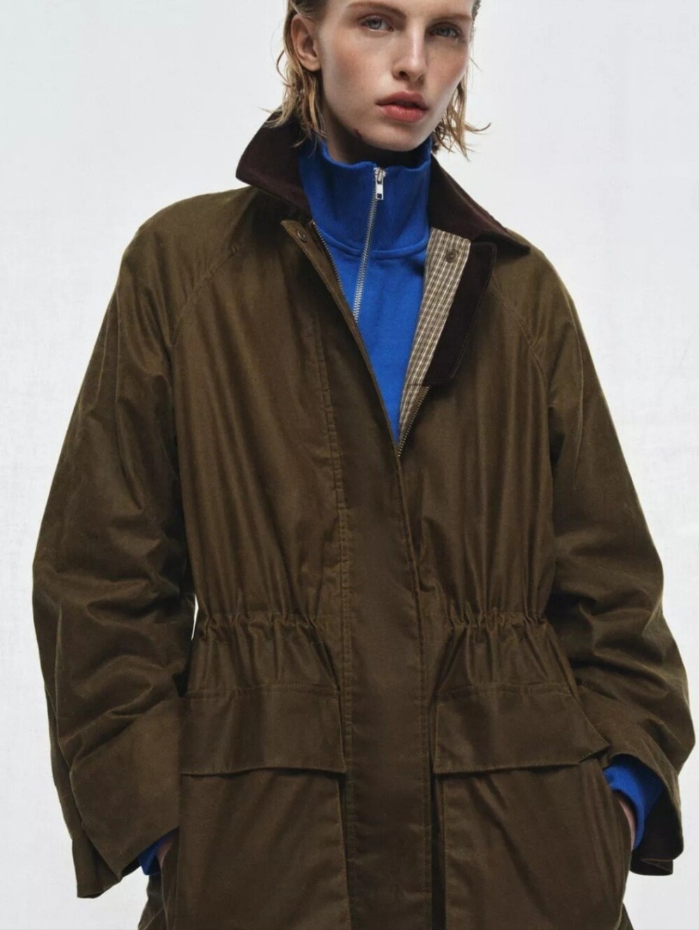 Zara Women Waxed Jacket With Corduroy Collar Color Green Olive Size L